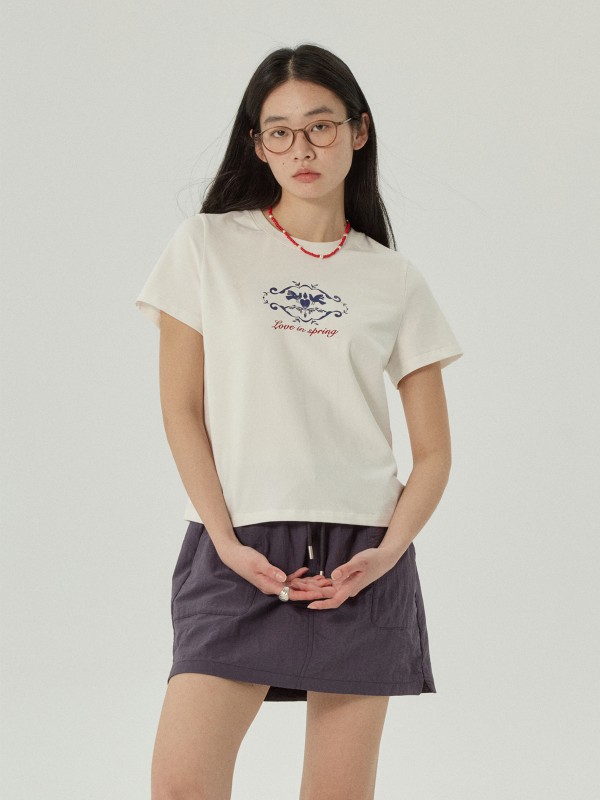 オーモントエッグタルトホームレトロラウンドネックプリントショートTシャツ春新作スリムフィット半袖トップス