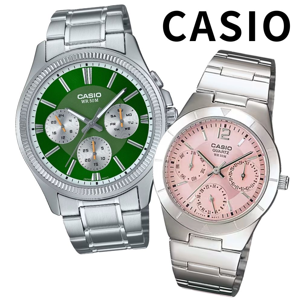 カシオ ペアウォッチ 腕時計 ステンレスベルト お揃い ユニセックス メンズ レディース ペアセット グリーン ピンク 日付 曜日表示 カップル 親子ペア プレゼント ギフト ペアギフト CASIO