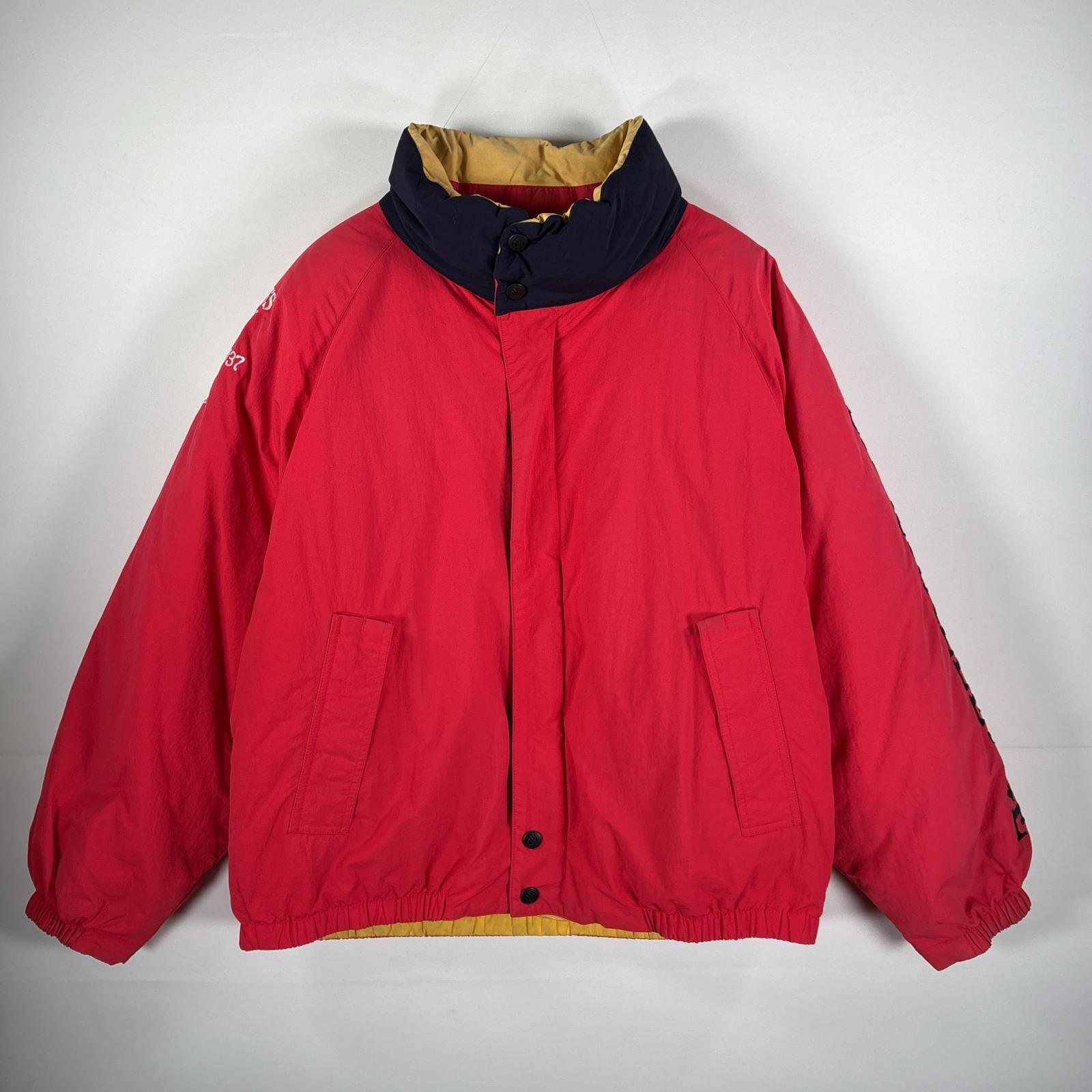 古着 90s/90年代 ダウンジャケット スリーブ刺繍ロゴ L レッド メンズ