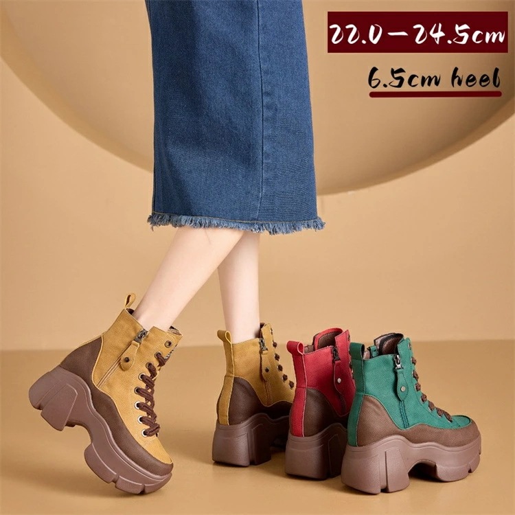 ブーツ レディース ショートブーツ 厚底 8.5cmheel 編み上げ レザーブーツ レースアップブーツ 幅広 シューズ 靴 くつ 厚底ブーツ サイドジップ ミドル 痛くない 疲れない 歩きやすい 楽