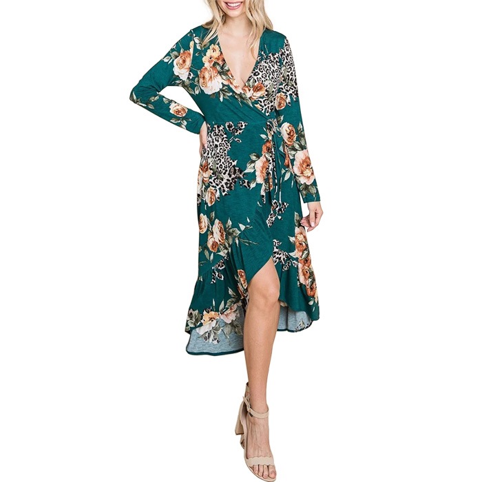 ワンピース ひざ下丈 長袖 Vネック 薄手素材 カシュクール フラワーアニマル S.M.L ハンターグリーン from USA EM230618LA079