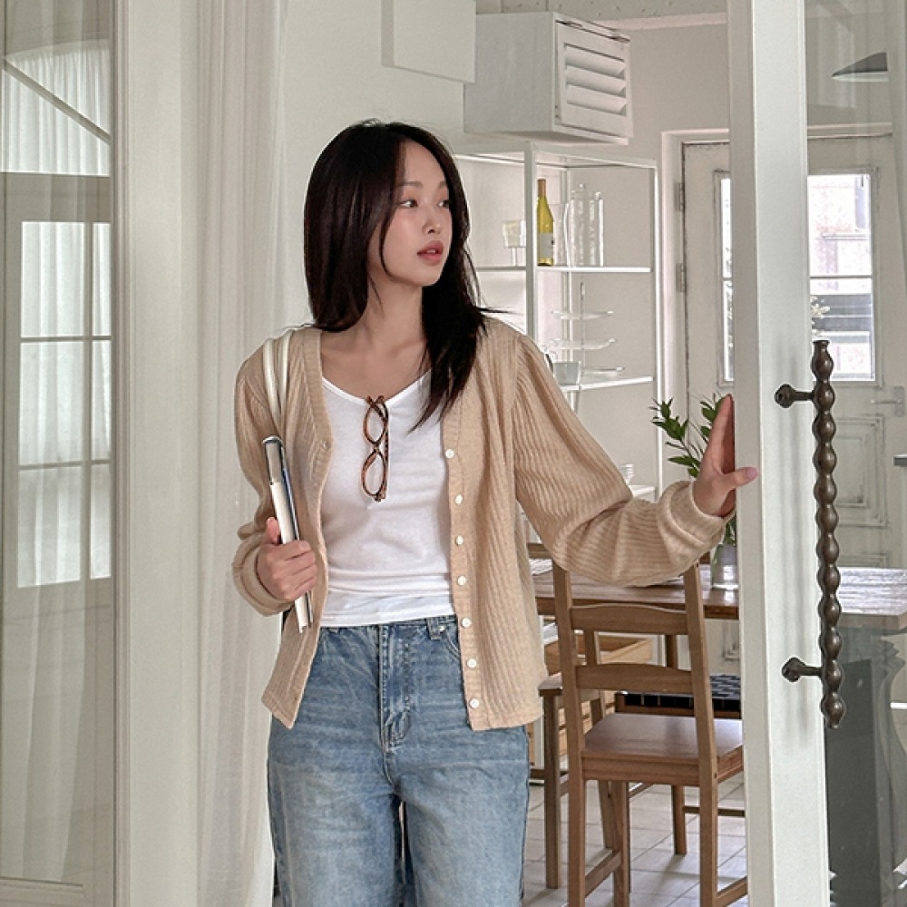 (JSTYLEのイーブレット) イーブレットメディンゲルリブパフカーディガン JSTYLE