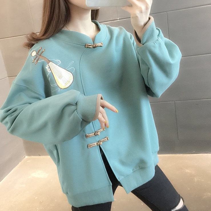 トップス トレーナー スウェット 長袖 ハイネック 刺繍 スリット チャイナ風 かわいい 大人可愛い