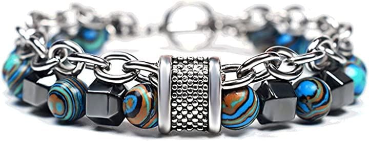 メンズブレスレット レディースブレスレット 8MMピーコックストーン ブラックブルーストーン チタンスチールチェーン( HDS-003)