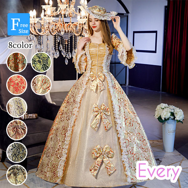 貴婦人 貴族風 ステージ衣装 中世貴族風お姫様ドレス ヨーロッパ貴族服 ロングドレス 新劇 仮装パーティー 学園祭 文化祭 イベント 演劇 オペラ声楽 ベージュ 金 緑 オレンジ 黄色 赤 d9266