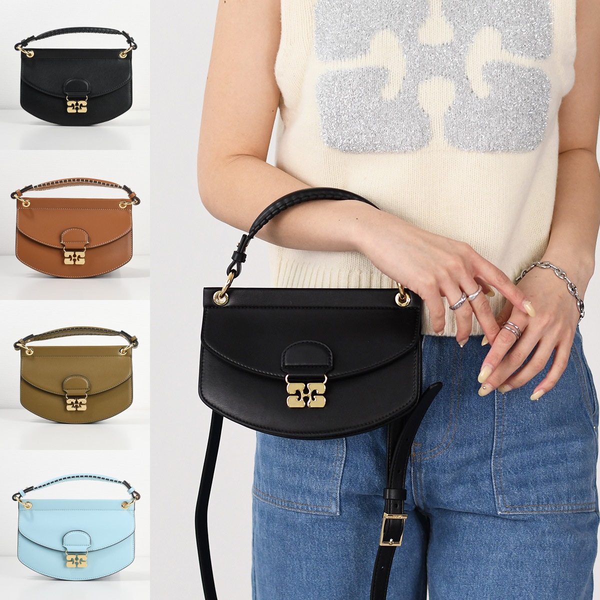 GANNI ガニー バッグ APO-G MINI TOP HANDLE BAG A6349 A6351 A6352 A6353 レディース ブラック ブラウン ブルー カーキ ショルダーバッグ ミニ