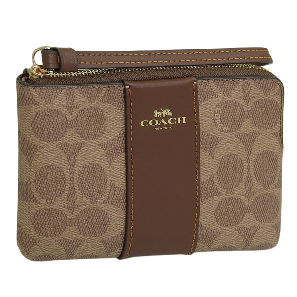 コーチ ポーチ レディース アウトレット タン×ブラウン コーナージップ リストレット シグネチャー キャンバス ストライプ CRN ZIP SIG LTH STRP CW854IMXHE COACH