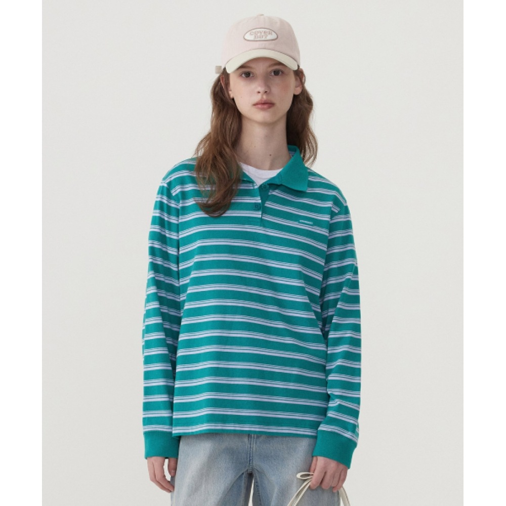 COVERNAT 女性用ストライプラグビーロング T シャツグリーン
