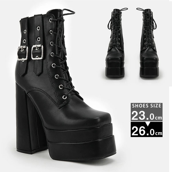 ブーツ 厚底 ショートブーツ 編み上げ ファスナー ヒールブーツ コスプレ ロリータ レースアップブーツ 袴 厚底ブーツ 厚底靴 春ブーツ レディース 黒 大きいサイズ かわいい スクエアトゥ 厚底1