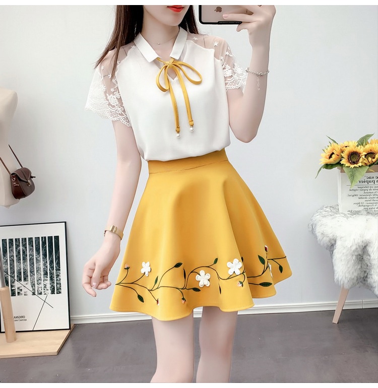 セットアップ シャツ ブラウス ミニスカート フレアスカート ミニ ミニ丈 袖あり 半袖 襟付き レース リボン ハイウエスト 透け感 シースルー ポリエステル 上下セット 2点セット ツーピース 8,914円