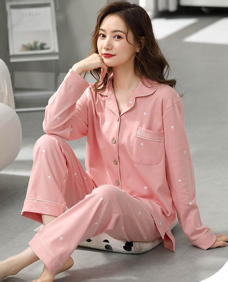 パジャマ レディース 春 秋 冬 長袖 大きいサイズ XL 2XL 3XL かわいい 暖かい い 上下 2点 セット ロング丈 Vネック 襟付き 前開き 綿 ウエストゴム ハート 刺繍 ルーム 大人可