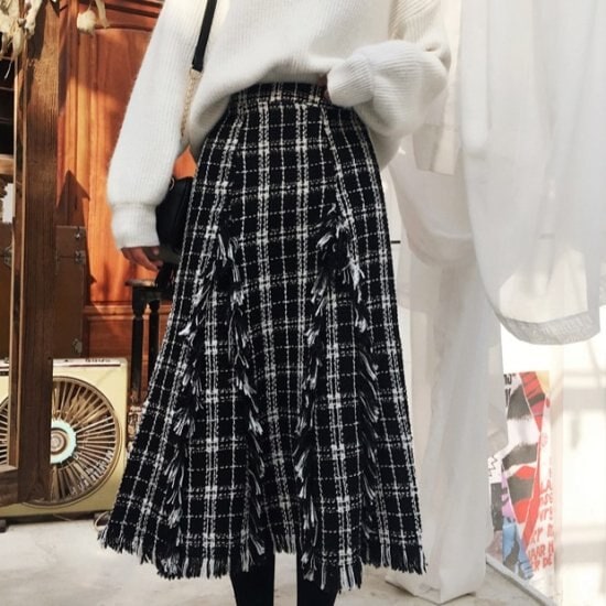 【取寄：納期2週間】スカート レディース ロング ミモレ丈 Aライン フリンジ 秋冬 膝下丈 チェック ボトムス 韓国 スカート レディース ロング ミモレ丈 Aライン フリンジ 秋冬 膝下丈