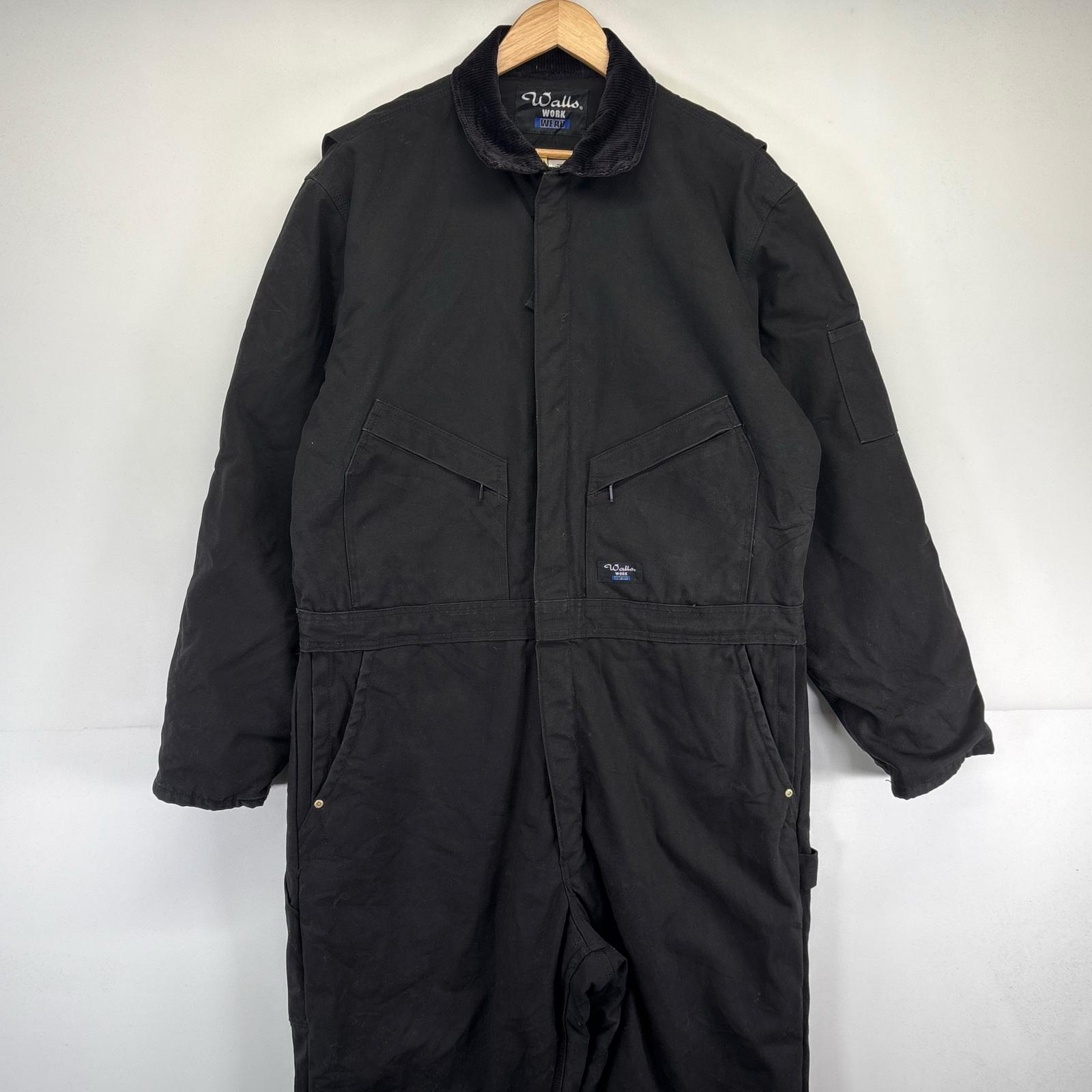 古着 ウォールズ walls 長袖つなぎ ダック 大きいサイズ 中綿 ワンポイントロゴ ワーク オールインワン XL ブラック メンズ