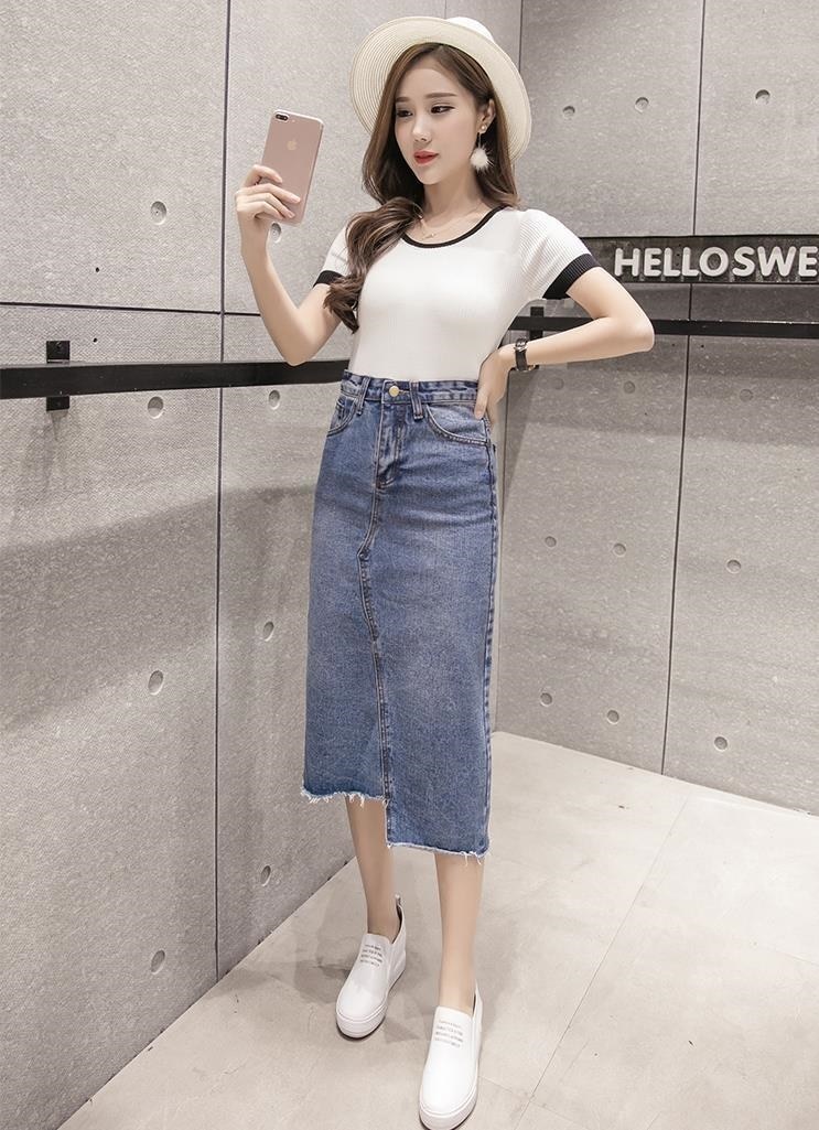 3173.ロング丈 カジュアルデニムスカート（ブルー）2019 春夏 お出かけ 普段使い タイトスカート