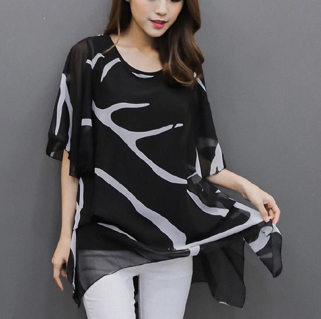 2303.袖フレアシフォンチュニックトップス(ブラック) 2019 春夏 新作 大人 かわいい カジュアル OL 20代 30代 デート服 女子会 二の腕カバー 体型カバー