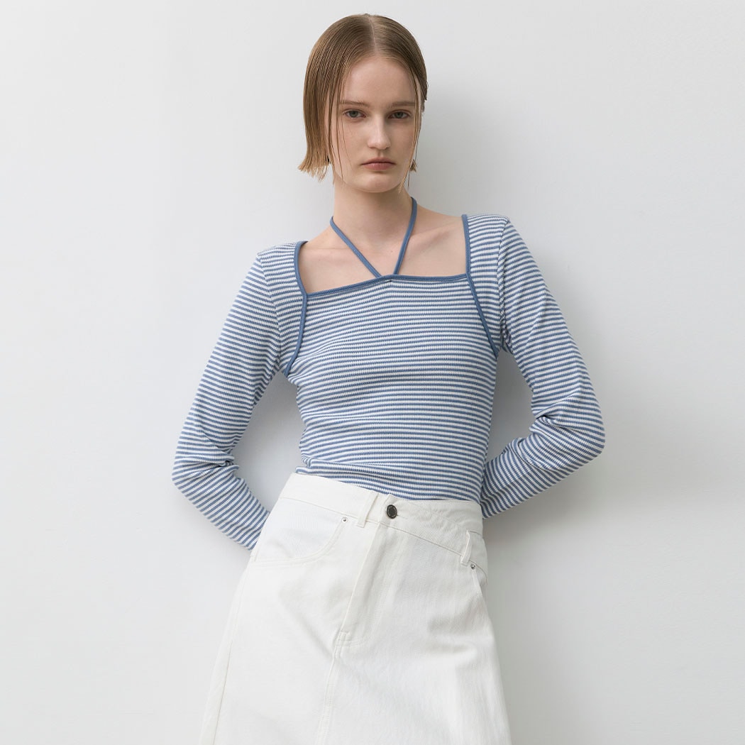 (T-6995)STRIPE HALTER SLIM TEE