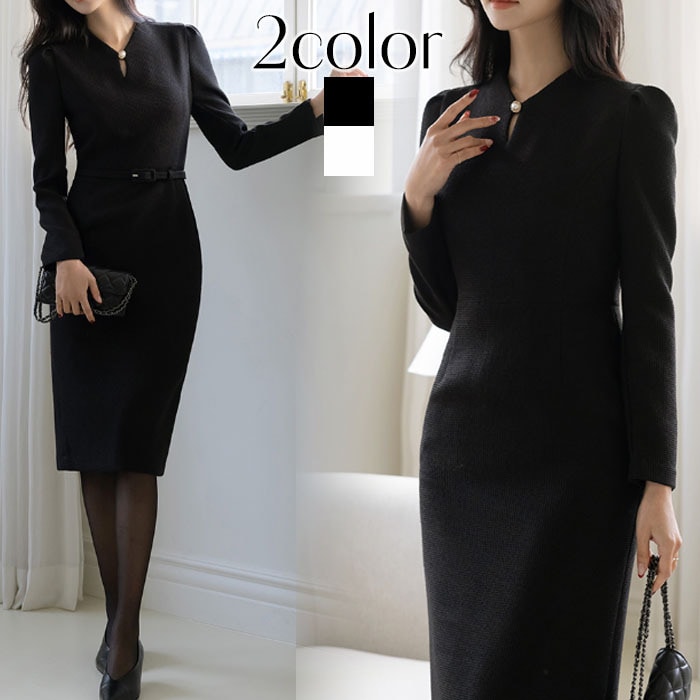 ワンピース 結婚式 長袖 パーティードレス フォーマル ベルト付