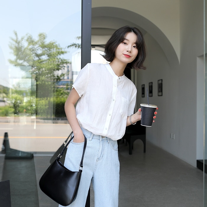 [韓国ファッション] バイカラー キャップスリーブリネンブラウス