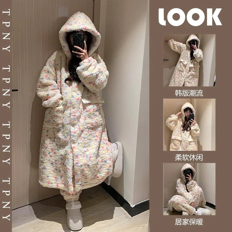 韓系かわいいフード付き珊瑚羽毛パジャマ女性款冬大きいサイズ羽毛厚くなるガウンズボン部屋着セットを加えます