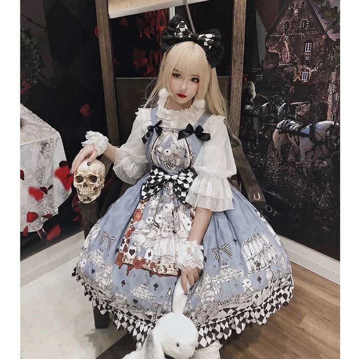 ロリータ ワンピース オリジナル ゴシック キャミワンピ 可愛い ゴスロリ ゆめかわいい モノトーン チェック 幻想的 甘ロリ クラロリ ブラウス ヘアアクセカチューシャ ロリィタ Lolita プリ