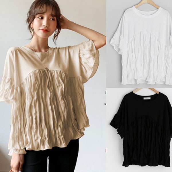 トップス ベージュ 即納 F レディース 半袖 Tシャツ フリル なみなみ 切替 2454146