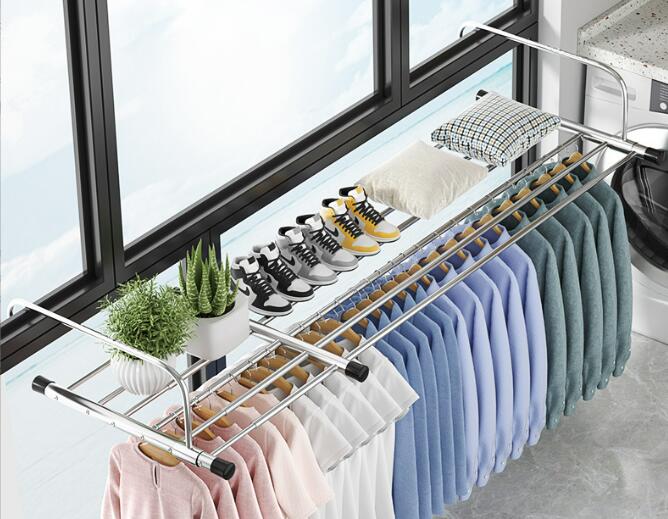 【限定SALE!!】ベランダー物干し　伸縮長さ調節　ベランダハンガー 物干し 工事不要スペース活用 伸縮 室内干し ベランダ用物干し ステンレス製 省スペースハンガー 洗濯物干し