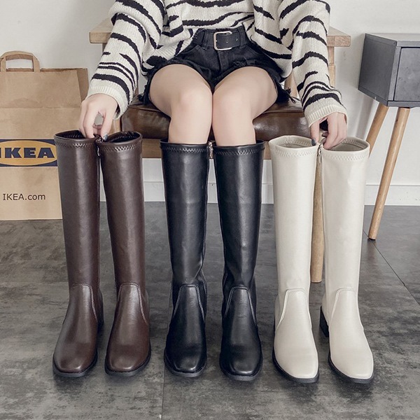 秋 春 ブーツ 太ヒール ブーツ 美脚 歩きやすい 疲れない ブーツ 靴 膝丈 ブーツ レディース ローヒール 4cm チャンキーヒール ニーハイブーツ ロングブーツ レディース ジョッキーブーツ