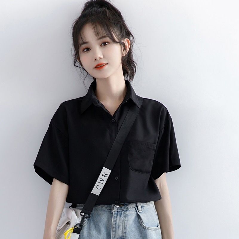 ブラック 半袖シャツ レディース 学生 カジュアル シフォン 襟付き ブラウス963