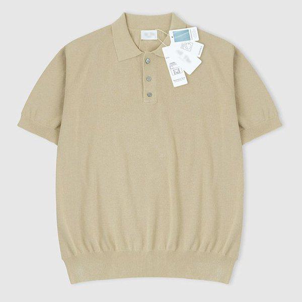 メンズソリッドボタンカラーネック半袖ニットTシャツ AT-KNH-Q001-ベージュ_3