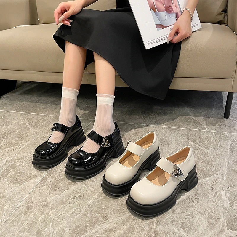 厚底スモールレザーシューズ 浅履きメリージェーンシングルシューズ 幅広の太い足の靴 大きいサイズの婦人靴