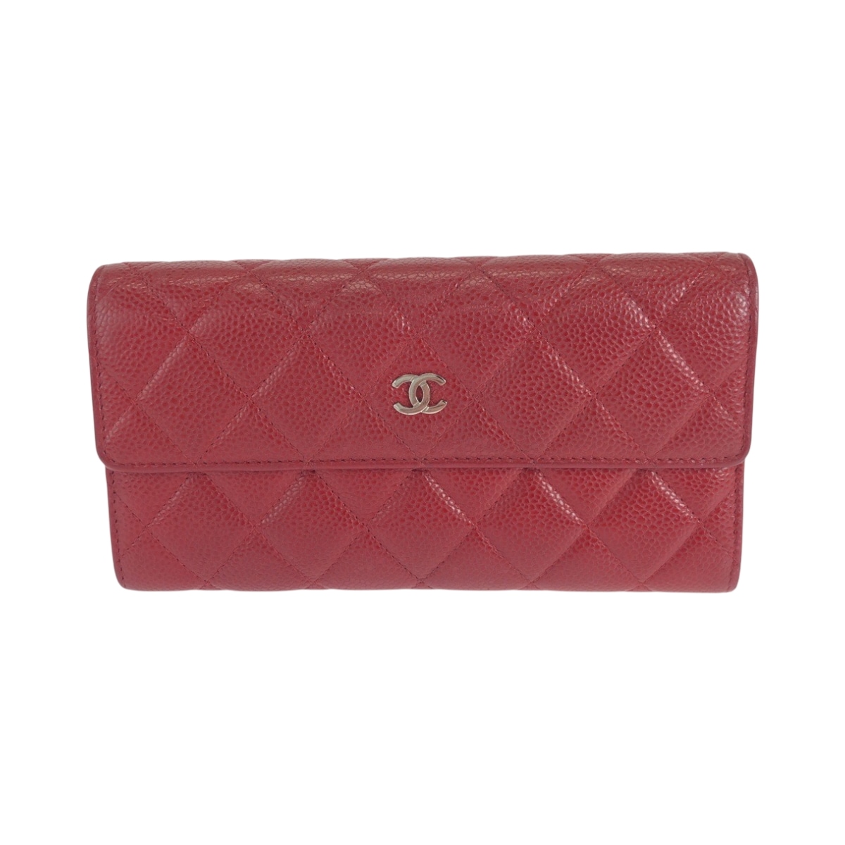 美品 マトラッセ ココマーク レッド シルバー金具 キャビアスキン 長財布 ロングウォレット レディース 502826