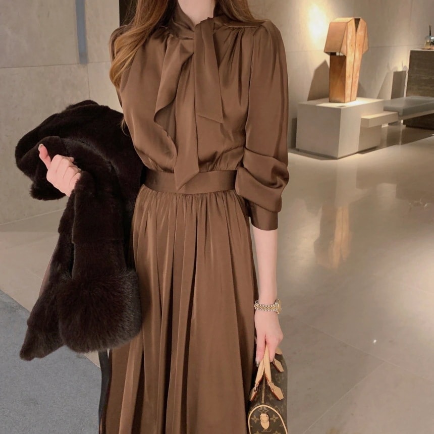 レディースロングワンピース　気質　リボン付き　おしゃれ