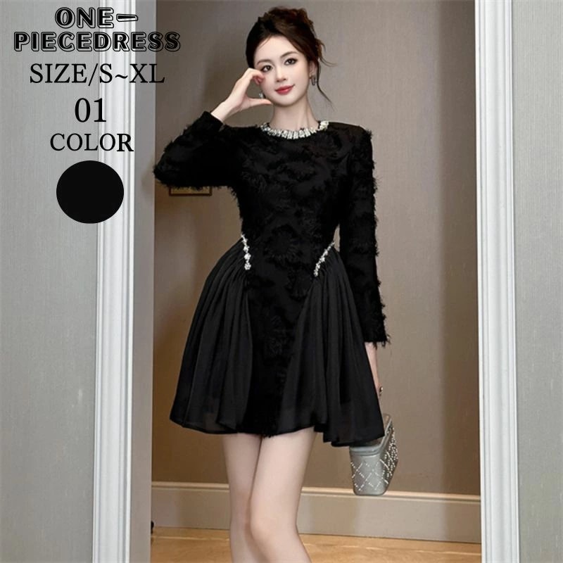 ビジュー付き　ワンピスドレス　ミニ丈　膝上丈　フレアワンピース　レース　フォーマルドレス　パーティードレス　ナイトドレス　姫系　長袖　セクシー上品 大人 きれいめ スナック パーティー　結婚式 ドレス