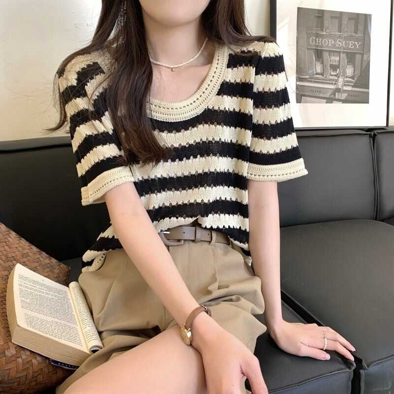 トップス カットソー ニットソー 袖あり 半袖 ラウンドネック ニット サマーニット かわいい 大人可愛い シンプル カジュアル 大人可愛い こなれ感 キュート 柄 ボーダー 春 夏 秋 10代 20