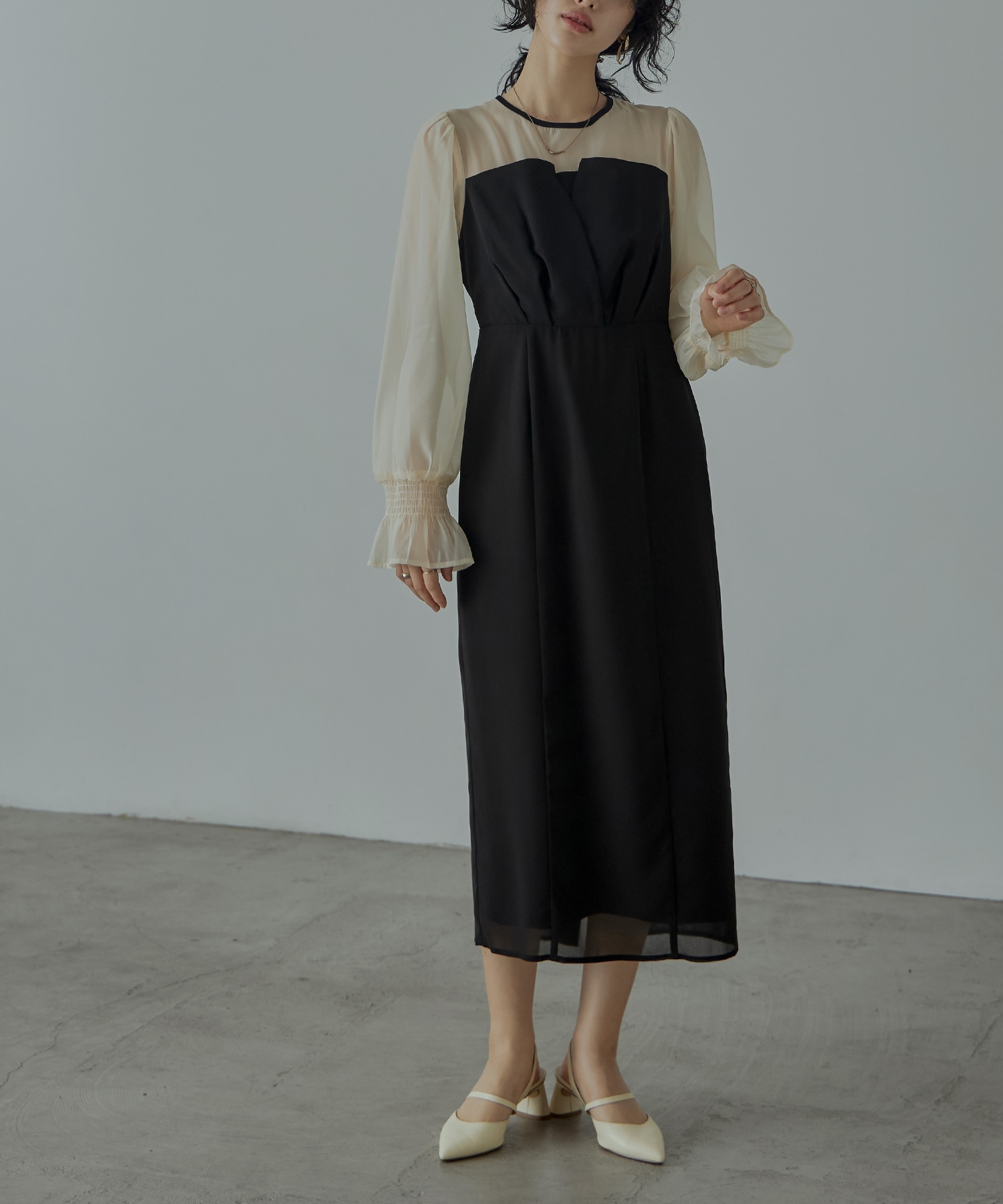 ビスチェ風ボリュームスリーブシフォンドレス パーティードレス 結婚式 ボリューム袖 キャンディ袖 ロング丈 長袖 無地 お呼ばれ パーティー 二次会 披露宴 謝恩会 成人式 同窓会 卒業式