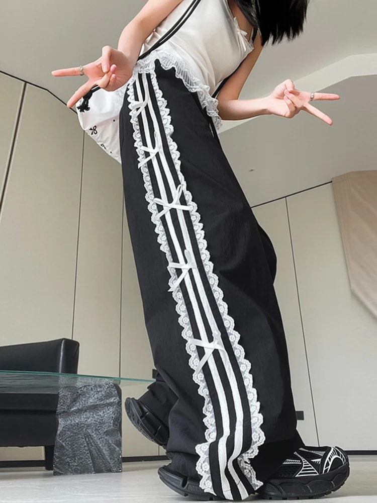 2025春夏 パンツロング丈ストレート ストライプウエストゴム ハイウエストゆったり 脚長効果美脚効果細見え春カジュアル 黒白韓国系ファッションレディースサイドお出かけおしゃれ かわいい衣装 トラック
