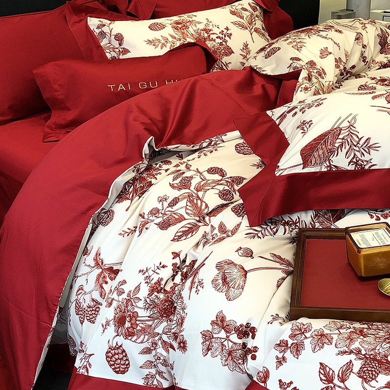 モダンウェディングコットン4ピースセットピュアコットンウェディングフラワーデジタルプリントキルトカバーベッドフィッティングレッド