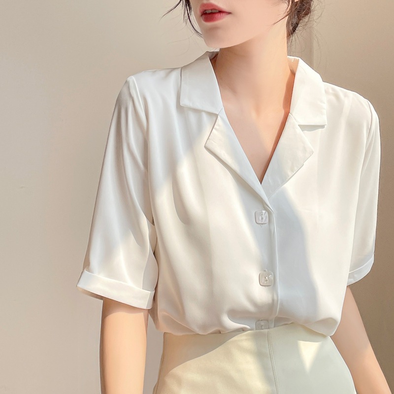 【1つ買うと10つ無料】スーツカラー占領春と夏の女性用ホワイトシフォンシャツ春と夏の半袖2025気質カジュアルホワイトシャツ