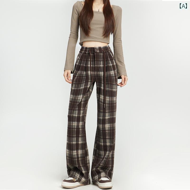 レディース カジュアル パンツ ボトムス ズボン ハイウエスト プラス フリース チェック柄 女性 冬 ドレープ ストレート ナロー ワイド レッグ