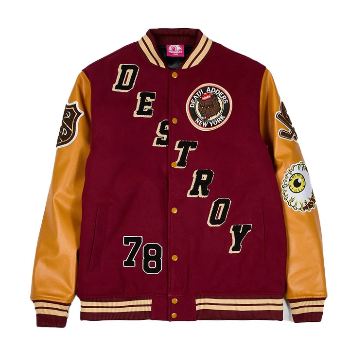 MISHKA アウター 長袖 スタジャン ブルゾン メンズ 春秋冬用 バーガンディ 大きいサイズ ミシカ 防寒着 派手 総柄 刺繍 ワッペン 熊 くま KEEPWATCH