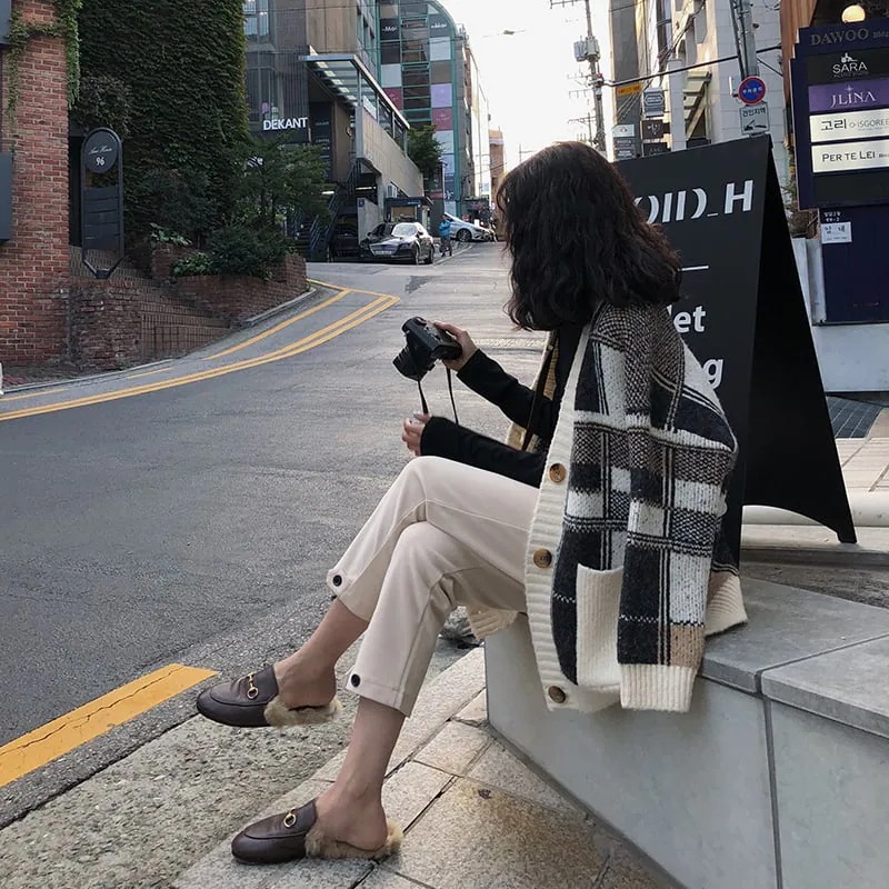 ロングニットカーディガン レディース 大人 韓国ファッション 厚手 ざっくり ラグランスリーブ Vネック 長袖 黒 春秋 カジュアル