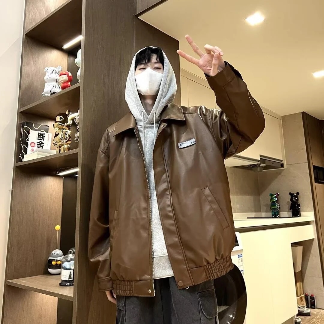 ラペルモーターサイクルレザージャケット秋冬新作スタイルルーズラベルデザインジャケットコートカップルレザージャケット