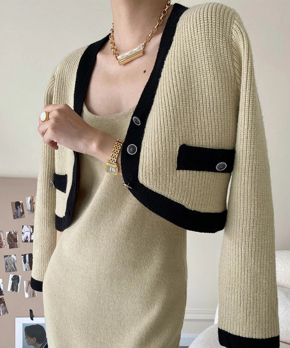 韓国ニットセットアップ 秋冬 レディース リブニットトップス ショートカーディガン キャミワンピース膝丈 きれいめカジュアル アンサンブルニット ニットワンピース