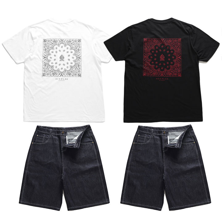ACE FLAG 上下セット 半袖 Tシャツ デニム ハーフパンツ メンズ 春夏用 白/黒 大きいサイズ エースフラッグ セットアップ ビッグシルエット