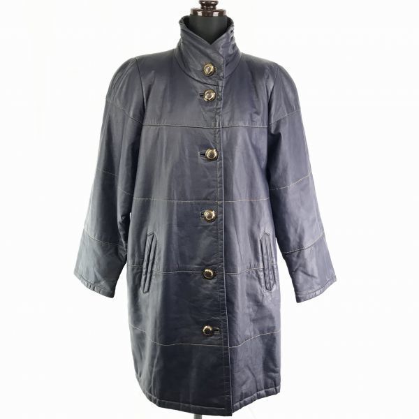 日本製PLLIS ONEスタンドカラー/レザーコート/アウター【Womens size-F/紺】ハイネック/裏地総ペイズリー柄/両サイドポケット/Made in JapanBC271W