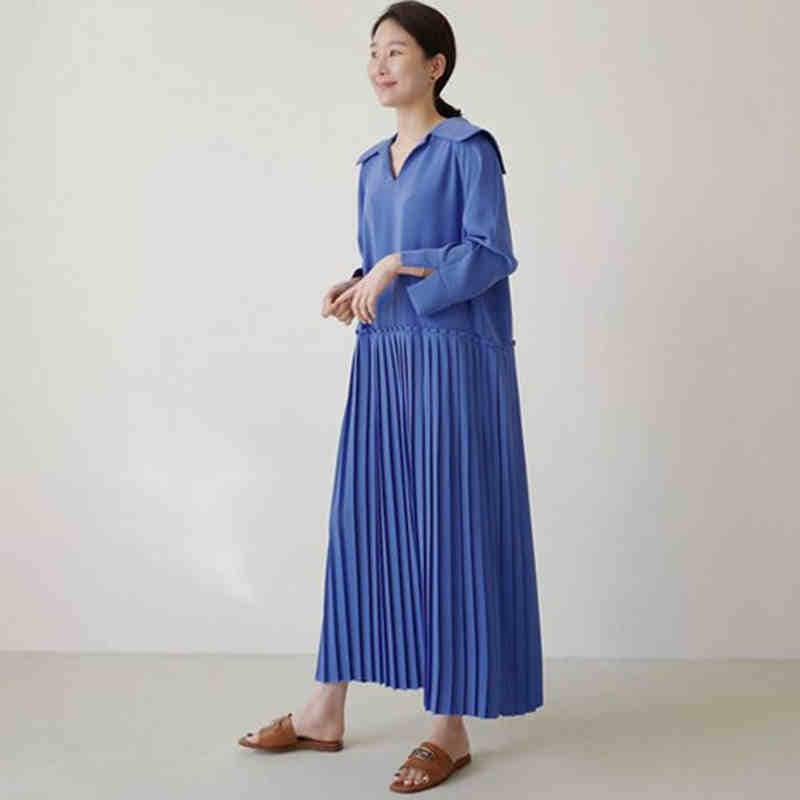 ワンピース 膝下 ロング ロング丈 l マキシ丈 袖あり 長袖 Vネック 襟付き プリーツ シフォン 切り替えデザイン ハイウエスト 大人可愛い シンプル カジュアル 大人 上品 おしゃれ お洒