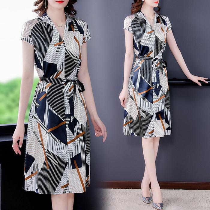 ワンピース レディース 膝丈ワンピース 春夏 半袖ワンピース Vネック きれいめ プリント シフォンスカートAライン 韓国風 オシャレ通勤 上品 30代 50代