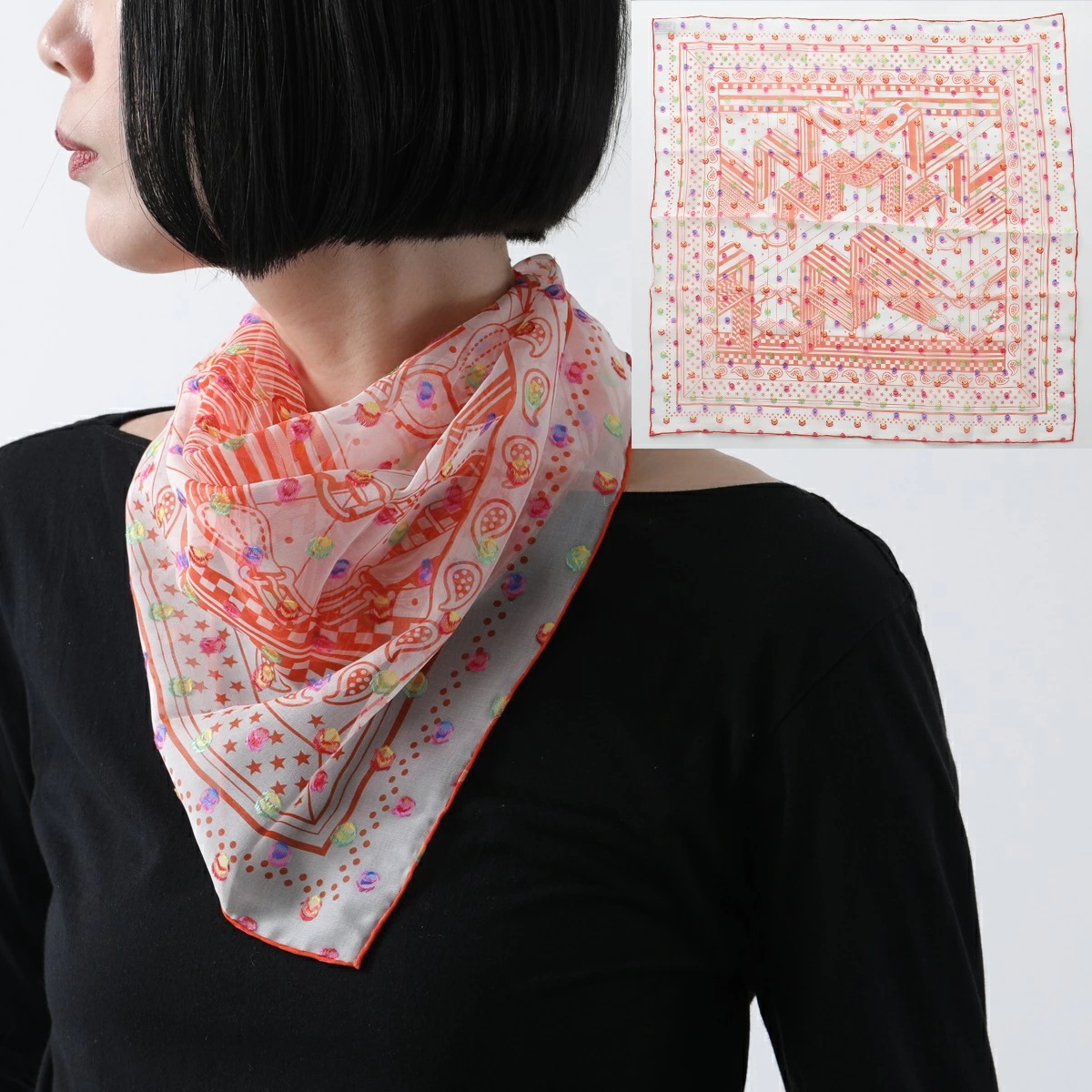 HERMES エルメス スカーフ CARRE カレH 60×60 033867S レディース シルク シアー ストール 刺繍 ペイズリー バンダナ ロゴ ケース付き オレンジ
