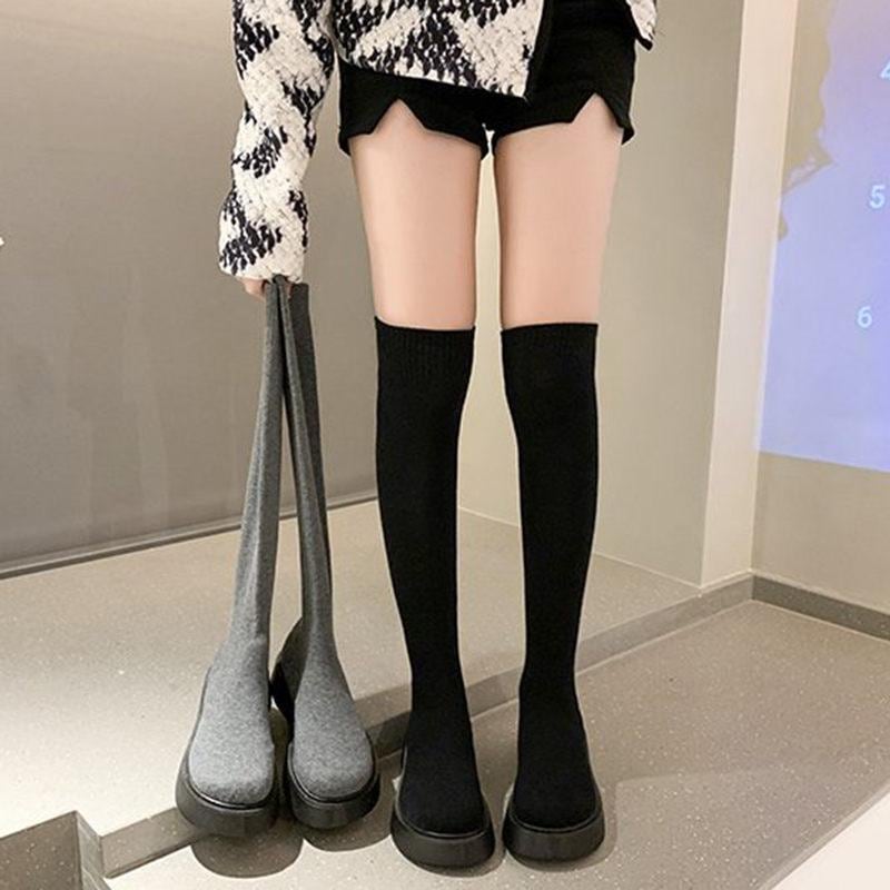 ロングブーツ レディース ソックスブーツ ロング丈 ニーハイブーツ 厚底 ストレッチブーツ ラウンドトゥ 伸縮性 シンプル 無地 歩きやすい 美脚 通勤 通学 滑り
