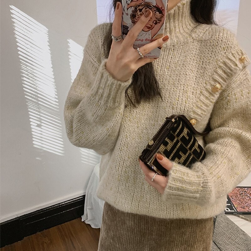 トップス レディース ニットソー セーター プルオーバー ニット ミックスニット 長袖 ハイネック